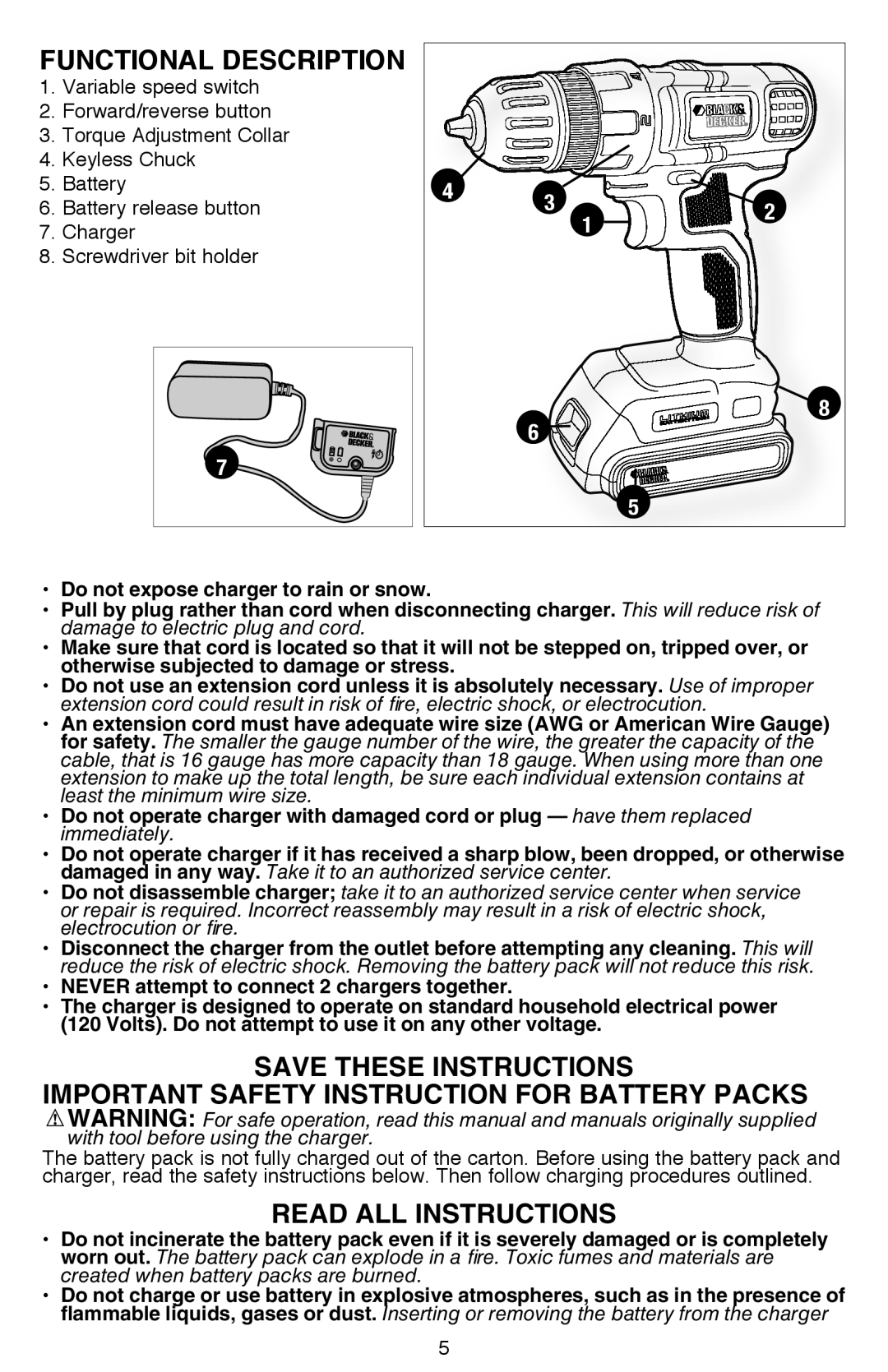 Black & Decker LDX116, LDX120CR instruction manual Functional Description 